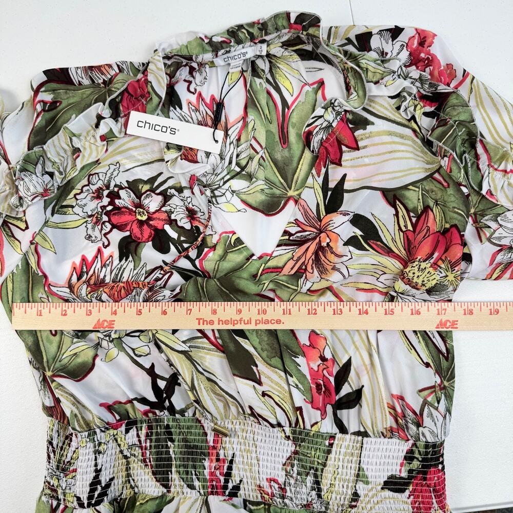 Chico’s Maui Alabaster Floral Dress Sz. Chicos 2 Women's 12 Bell Sleeve Smocked - Picture 13 of 15